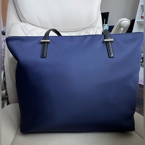 Kate Spade New York Navy Blue Nylon Tote Work Bag Zip Top Black Leather Handles - Picture 6 of 11